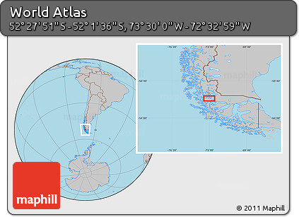 Gray Location Map of the Area around 52° 14' 43" S, 73° 1' 30" W