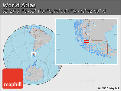 Gray Location Map of the Area around 52° 14' 43" S, 73° 1' 30" W