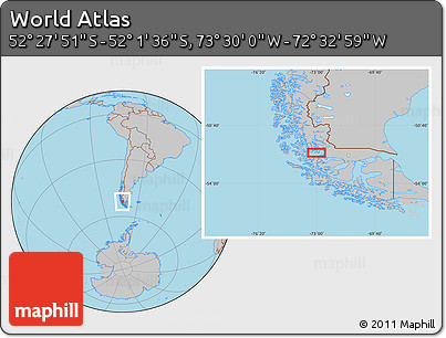 Gray Location Map of the Area around 52° 14' 43" S, 73° 1' 30" W