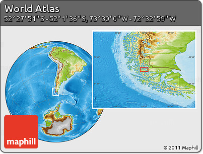 Physical Location Map of the Area around 52° 14' 43" S, 73° 1' 30" W