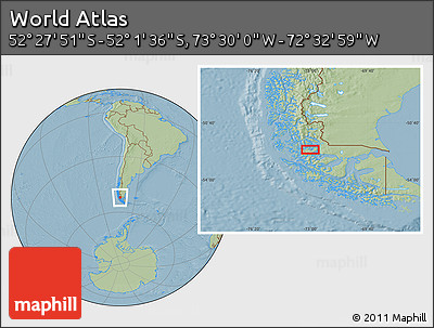 Savanna Style Location Map of the Area around 52° 14' 43" S, 73° 1' 30" W, hill shading