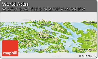 Physical Panoramic Map of the Area around 52° 14' 43" S, 73° 52' 30" W
