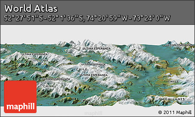 Satellite Panoramic Map of the Area around 52° 14' 43" S, 73° 52' 30" W