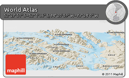 Shaded Relief Panoramic Map of the Area around 52° 14' 43" S, 73° 52' 30" W