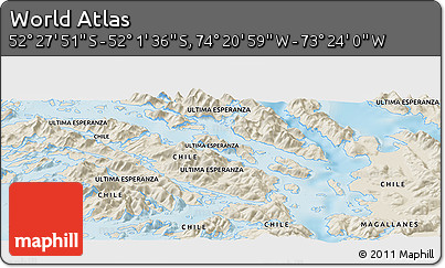 Shaded Relief Panoramic Map of the Area around 52° 14' 43" S, 73° 52' 30" W