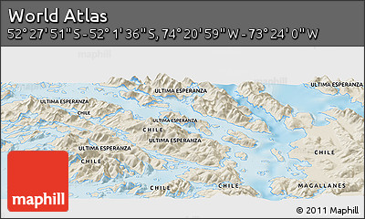 Shaded Relief Panoramic Map of the Area around 52° 14' 43" S, 73° 52' 30" W