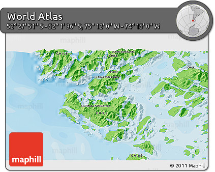 Political 3D Map of the Area around 52° 14' 43" S, 74° 43' 29" W