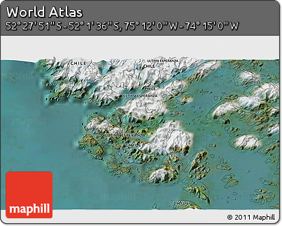 Satellite 3D Map of the Area around 52° 14' 43" S, 74° 43' 29" W