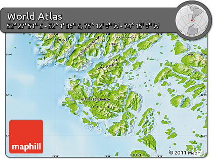 Physical Map of the Area around 52° 14' 43" S, 74° 43' 29" W