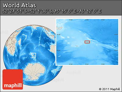 Shaded Relief Location Map of the Area around 52° 14' 43" S, 75° 43' 29" E
