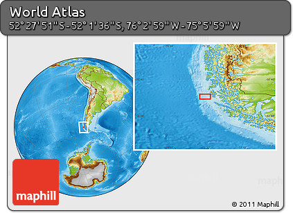 Physical Location Map of the Area around 52° 14' 43" S, 75° 34' 29" W