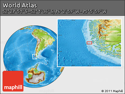 Physical Location Map of the Area around 52° 14' 43" S, 75° 34' 29" W