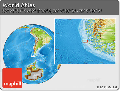 Physical Location Map of the Area around 52° 14' 43" S, 75° 34' 29" W