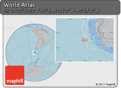 Gray Location Map of the Area around 52° 14' 43" S, 76° 25' 30" W, hill shading