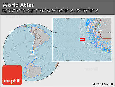 Gray Location Map of the Area around 52° 14' 43" S, 76° 25' 30" W, hill shading