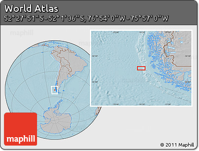 Gray Location Map of the Area around 52° 14' 43" S, 76° 25' 30" W, hill shading
