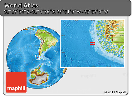 Physical Location Map of the Area around 52° 14' 43" S, 76° 25' 30" W