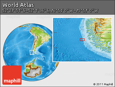 Physical Location Map of the Area around 52° 14' 43" S, 76° 25' 30" W
