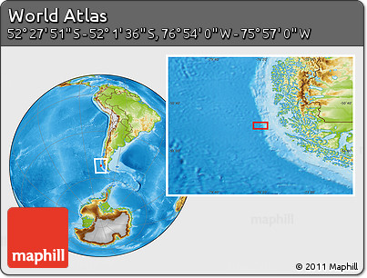 Physical Location Map of the Area around 52° 14' 43" S, 76° 25' 30" W