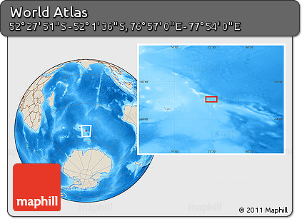 Shaded Relief Location Map of the Area around 52° 14' 43" S, 77° 25' 30" E