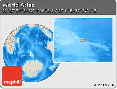 Shaded Relief Location Map of the Area around 52° 14' 43" S, 77° 25' 30" E