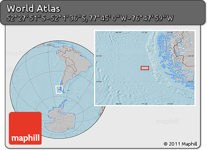 Gray Location Map of the Area around 52° 14' 43" S, 77° 16' 30" W, hill shading
