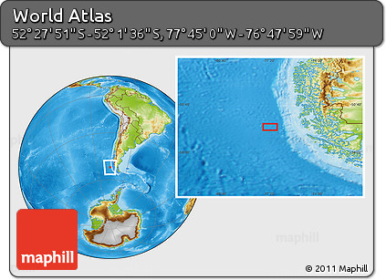 Physical Location Map of the Area around 52° 14' 43" S, 77° 16' 30" W
