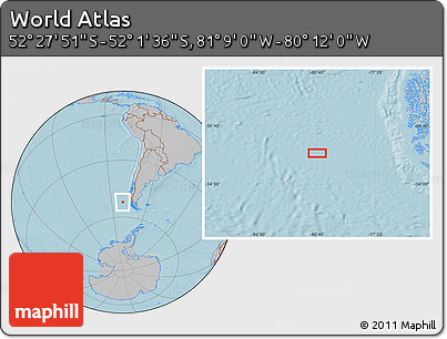 Gray Location Map of the Area around 52° 14' 43" S, 80° 40' 30" W, hill shading