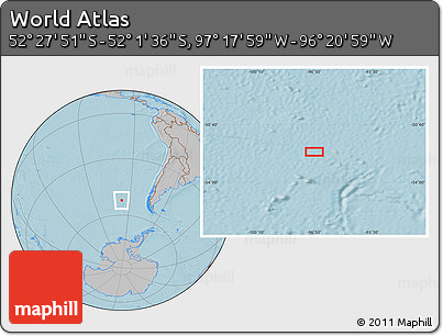 Gray Location Map of the Area around 52° 14' 43" S, 96° 49' 29" W, hill shading