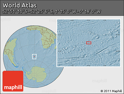 Savanna Style Location Map of the Area around 52° 38' 10" S, 0° 46' 30" W, hill shading