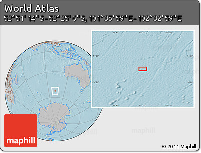 Gray Location Map of the Area around 52° 38' 10" S, 102° 4' 29" E, hill shading