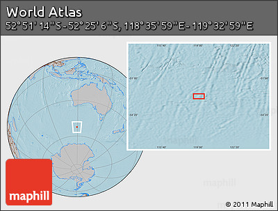 Gray Location Map of the Area around 52° 38' 10" S, 119° 4' 29" E, hill shading