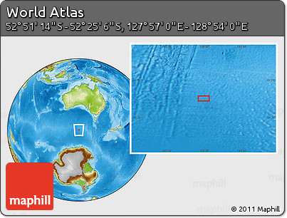 Physical Location Map of the Area around 52° 38' 10" S, 128° 25' 30" E