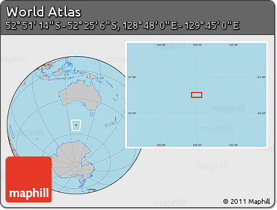 Gray Location Map of the Area around 52° 38' 10" S, 129° 16' 30" E