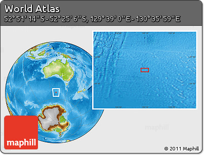 Physical Location Map of the Area around 52° 38' 10" S, 130° 7' 30" E