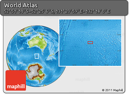 Physical Location Map of the Area around 52° 38' 10" S, 131° 49' 29" E