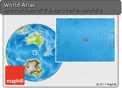 Physical Location Map of the Area around 52° 38' 10" S, 132° 40' 30" E