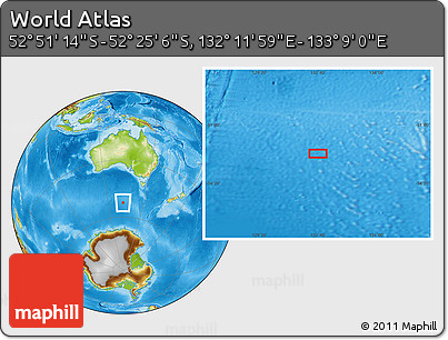Physical Location Map of the Area around 52° 38' 10" S, 132° 40' 30" E
