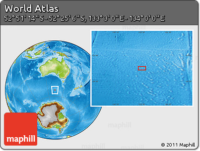 Physical Location Map of the Area around 52° 38' 10" S, 133° 31' 30" E