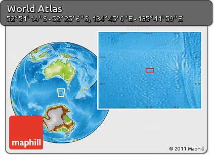 Physical Location Map of the Area around 52° 38' 10" S, 135° 13' 29" E