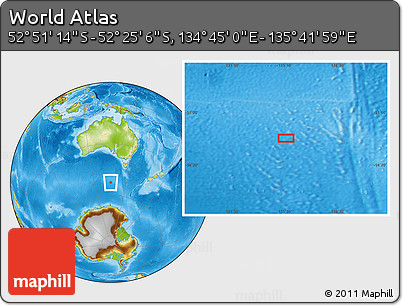 Physical Location Map of the Area around 52° 38' 10" S, 135° 13' 29" E