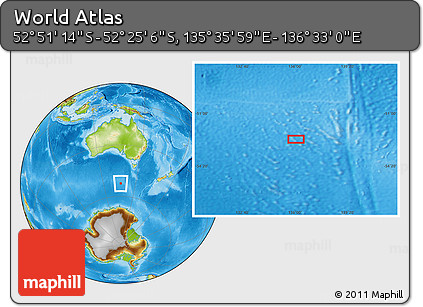 Physical Location Map of the Area around 52° 38' 10" S, 136° 4' 29" E