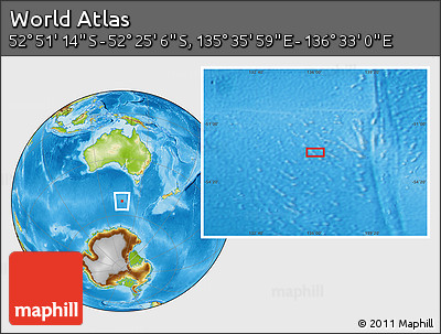 Physical Location Map of the Area around 52° 38' 10" S, 136° 4' 29" E