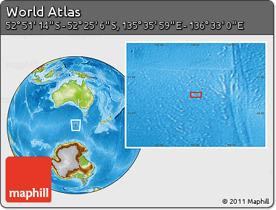 Physical Location Map of the Area around 52° 38' 10" S, 136° 4' 29" E