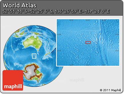 Physical Location Map of the Area around 52° 38' 10" S, 136° 55' 30" E