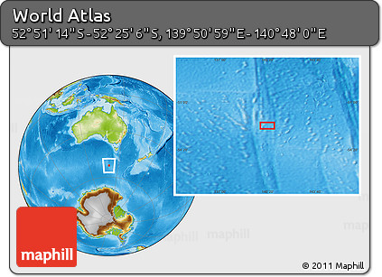 Physical Location Map of the Area around 52° 38' 10" S, 140° 19' 29" E
