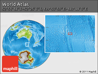Physical Location Map of the Area around 52° 38' 10" S, 140° 19' 29" E