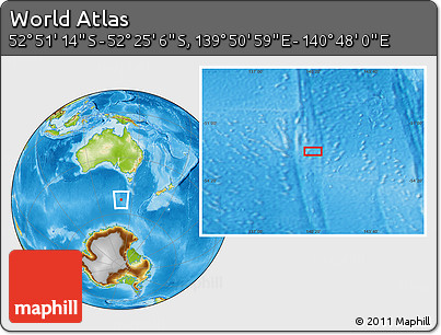 Physical Location Map of the Area around 52° 38' 10" S, 140° 19' 29" E