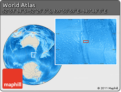 Shaded Relief Location Map of the Area around 52° 38' 10" S, 140° 19' 29" E