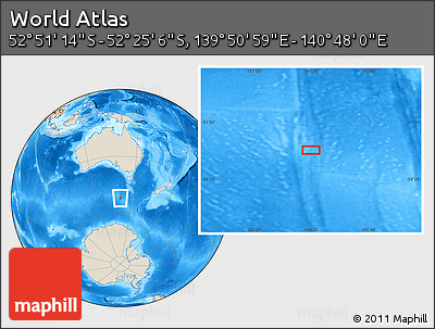 Shaded Relief Location Map of the Area around 52° 38' 10" S, 140° 19' 29" E
